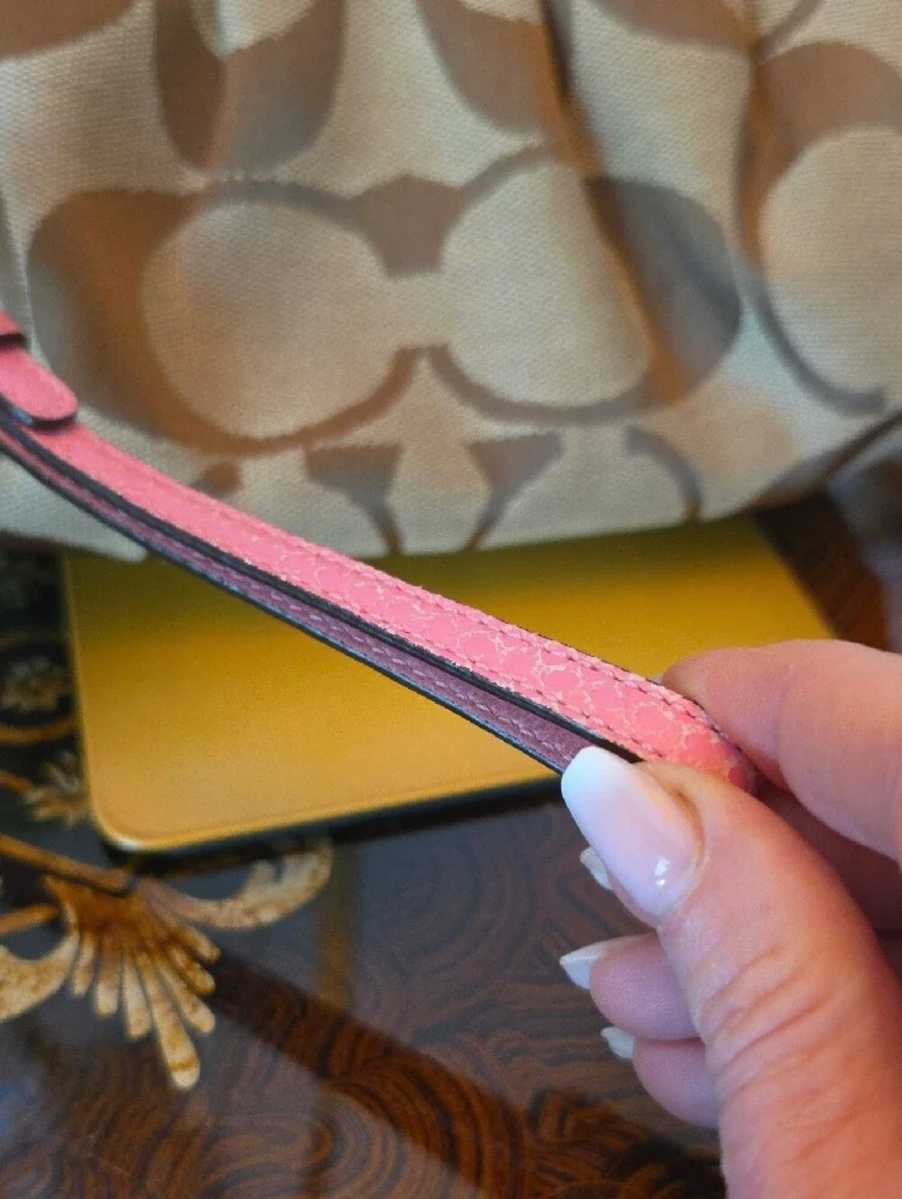 Coach PINK & Brown Signature Canvas Wristlet Pink Trim Pink Snakeskin Trim NWOT